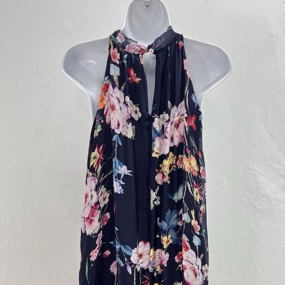 Bellambra Maxi Dress M Made in Italy Silk Blend Navy Blue Floral Halter Lined - Picture 6 of 13